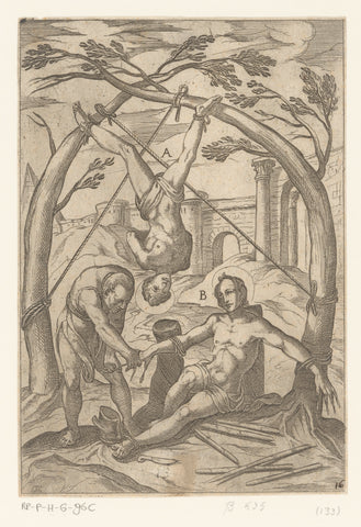 Torture: Hanging Between Two Stretched Trees and Nails Under Nails, Antonio Tempesta, 1565 - 1630 Canvas Print