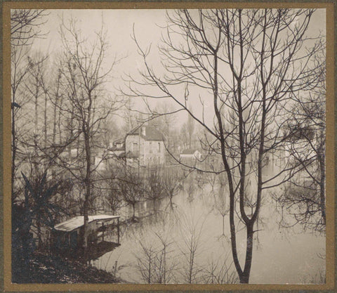 House in flooded suburb of Paris seen by bare trees, G. Dangereux, 1910 Canvas Print