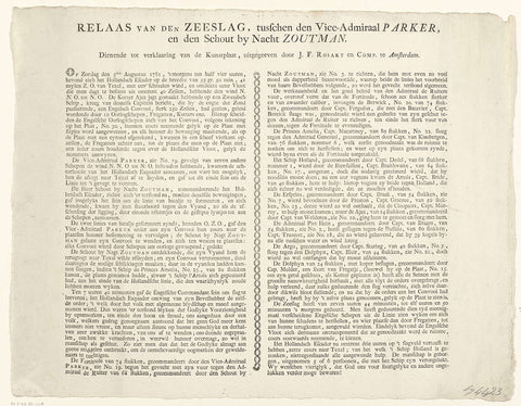 Text sheet with the print with the map with battle orders of the Dutch and English ships at the naval battle at Doggersbank, 1781, Rosart &Comp. J.F., 1781 Canvas Print