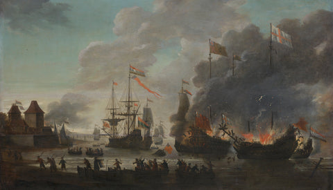 The Dutch Burning English Ships during the Dutch Raid on the Medway, 20 June 1667, Jan van Leyden, 1667 - 1669 Canvas Print