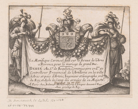 Title print with a man and woman on either side of a coat of arms with festoons, anonymous, 1610 - 1668 Canvas Print