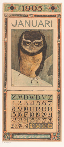 Calendar sheet January with owl, Theo van Hoytema, 1904 Canvas Print