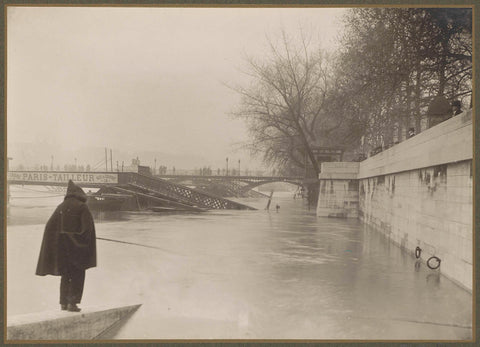 Flooded Banks of the Seine, destroyed bridges and an angler during flooding of Paris, G. Dangereux, 1910 Canvas Print