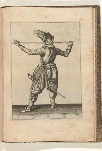 Soldier, seen on the back, carrying his skewer with both hands horizontally at nose height, his right hand at the foot of the weapon, his face to the right (no. 30), ca. 1600, Jacob de Gheyn (II) (workshop or), 1597 - 1608 Canvas Print