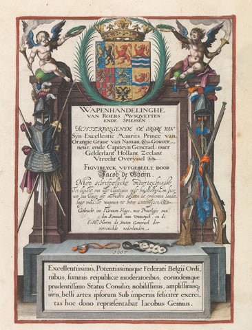 Title page of: Wapenhandelinghe, van roers, musquetten ende spiessen: achtervolghende de ordre van syn excellence Maurits ... figvirlyck, / vutgebeelt by Jacob de Gheijn ... (1607), Jacob de Gheyn (II) (workshop or), c. 1597 - 1607 Canvas Print