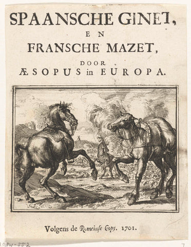 Title page for the pamphlet: Twist between the Spaansche Ginet and Fransche Mazet by Aesopus in Europa, 1701, Romeyn de Hooghe, 1701 Canvas Print