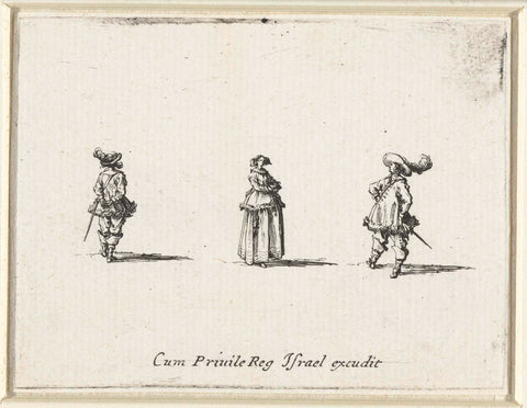 Lady, hands in front of the belly, seen on the right, between two gentlemen, Jacques Callot, 1633 - 1635 Canvas Print