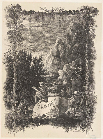 Title print with landscape and figures from fables and stories in a frame with plants and snakes, Rodolphe Bresdin, 1868 Canvas Print