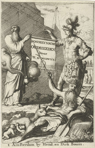 Roman soldier and a priest hold an opened role together, Jan Luyken, 1679 Canvas Print