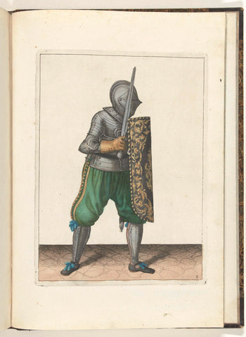 The exercise with the targe and rapier: how the soldier must defend himself with the targe resting against the left knee and left shoulder, the drawn rapier in the hand (no. 8), 1618, Adam van Breen, 1616 - 1618 Canvas Print