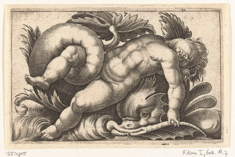 Sleeping putto on a dolphin, Adam Fuchs, c. 1526 - 1606 Canvas Print