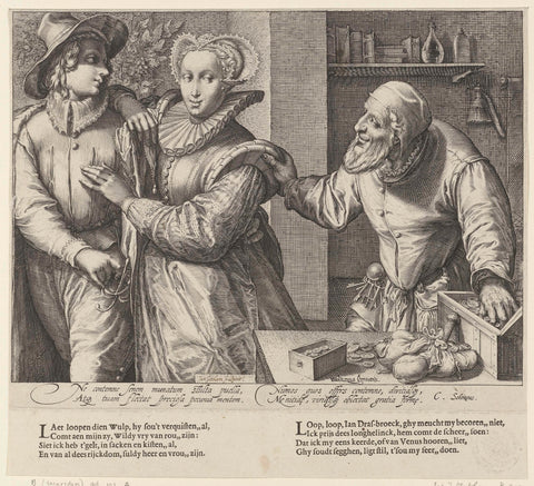 Young couple and an old man with money box (Unequal love), Jan Saenredam, 1589 - 1607 Canvas Print