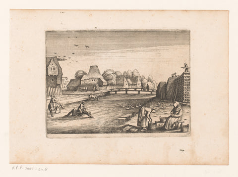 Village view with wood storage by river, Matthäus Merian (I), 1620 Canvas Print