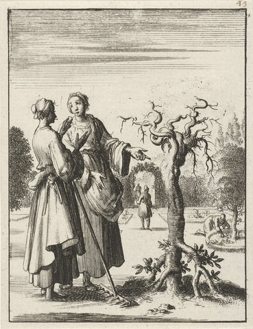 Twee vrouwen bekijken een boom die met de wortels omhoog is geplant, Jan Luyken, 1687 Canvas Print