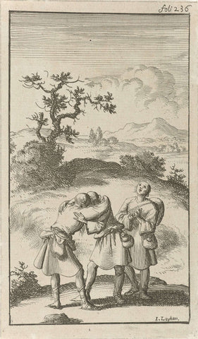 Three pilgrims say goodbye to each other, Jan Luyken, 1687 Canvas Print