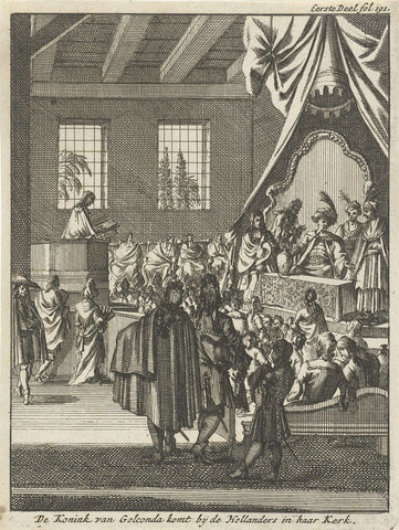 King of Golkonda visits Dutchmen in their church, Jan Luyken, 1693 Canvas Print