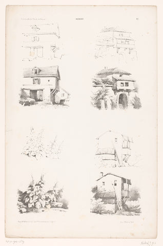 Four representations with plants and houses in two drawing steps, Jean Baptiste Louis Hubert, 1853 - 1854 Canvas Print