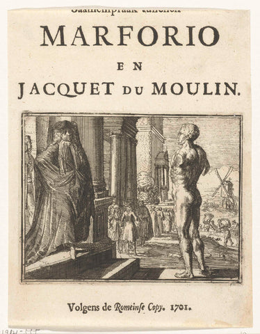 Title page for the pamphlet: Saamenspraak between Marforio and Jacquet du Moulin, 1701, Romeyn de Hooghe, 1701 Canvas Print