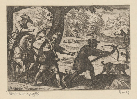 Hunters with crossbows get ready to shoot rabbits, Antonio Tempesta, 1598 Canvas Print