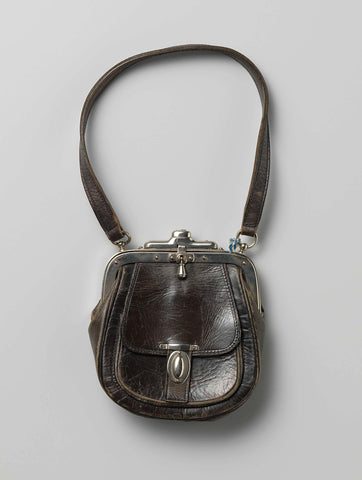 Bag of black leather with a nickel bracket and closure, to which a leather handle, anonymous, c. 1881 - c. 1882 Canvas Print