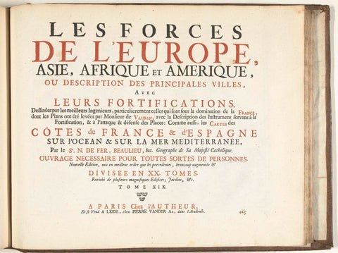 Titelpagina voor het prentwerk: The Forces of Europe, Asia, Africa and America (...) As also the Maps of the Coasts of France and Spain (deel XIX), 1726, Pieter van der Aa (I), 1726 Canvas Print