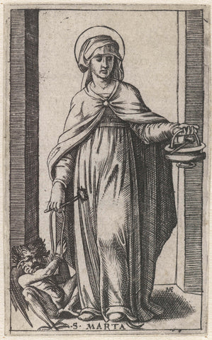 Saint Martha with holy water barrel and bound devil, Marcantonio Raimondi, 1500 - 1527 Canvas Print