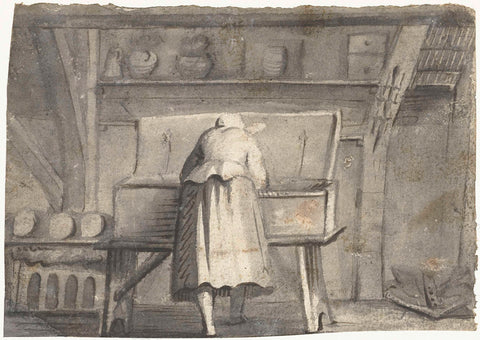 Woman bent over a long coffin in an interior, Harmen ter Borch, c. 1651 Canvas Print