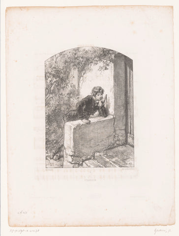 Young man waits at closed door for his beloved, Paul Gavarni, 1854 Canvas Print