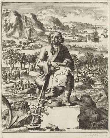 Man wijzend op een landkaart, Jan Luyken, 1688 Canvas Print