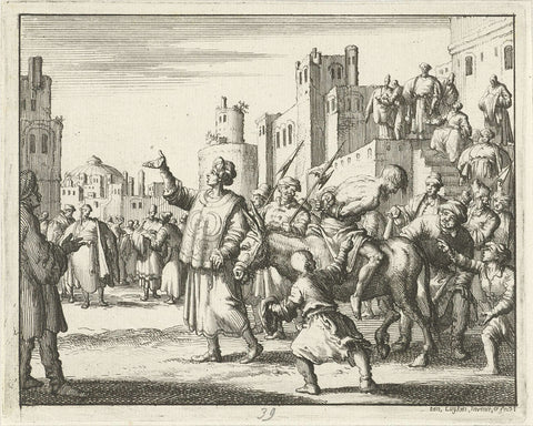 Johannes, a merchant at Cordovan, is led backwards on a donkey through the city as a mockery, Jan Luyken, 1685 Canvas Print