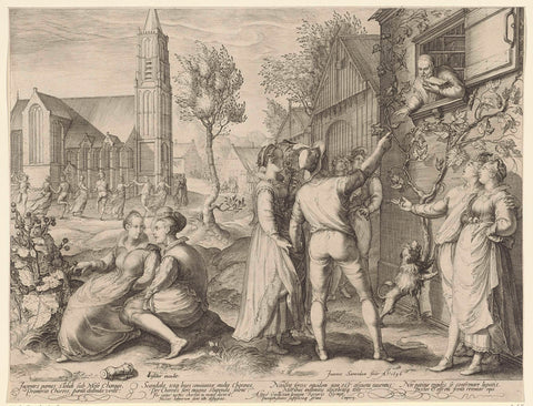 Young couples have fun and ignore the warnings of a scholar, Jan Saenredam, 1596 Canvas Print