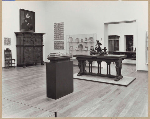 Room with furniture including a cupboard and a table, majolica, a painting, an image and a passageway, 1962 Canvas Print