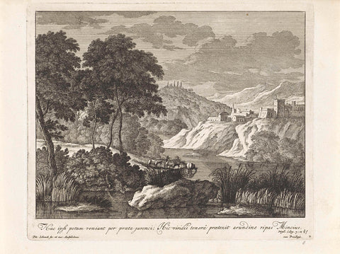 Landscape with a city on a mountain along a river, Pieter Schenk (I), 1675 - 1711 Canvas Print