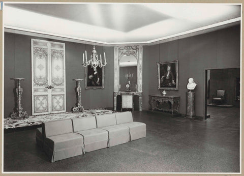 Corner of a room with a mirror, a double door, paintings, furniture, a sofa for visitors and a passage, c. 1957 Canvas Print