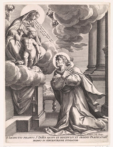 Saint Hyacinthus of Poland worships Maria with the Christ child, Johann Sadeler (I), 1595 - 1600 Canvas Print