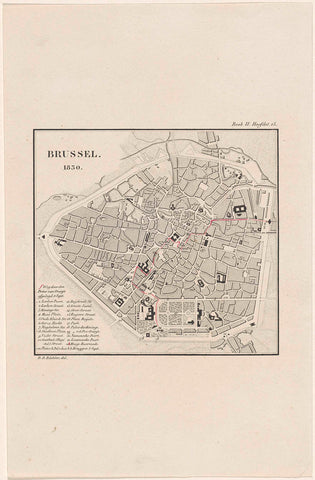 Map of Brussels with the route of the Prince of Orange, 1830, Daniël David Büchler, 1850 - 1852 Canvas Print