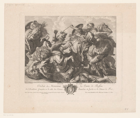 Horseback riders in battle with lions, Georges Malbeste, 1772 Canvas Print