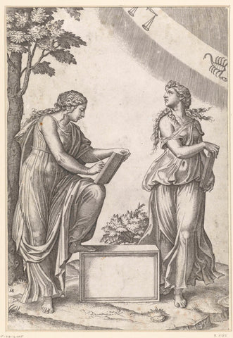 Two women with signs of the zodiac scales (Libra) and scorpion (Scorpio), Marcantonio Raimondi, 1517 - 1520 Canvas Print