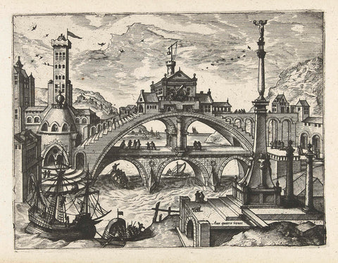 Stad met bebouwde brug, Joannes van Doetechum (I) (attributed to), Volcxken Diericx, in or after 1570 - c. 1580 Canvas Print