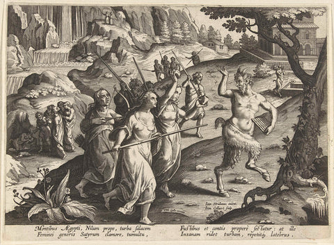 Vrouwen verjagen een sater, Jan Collaert (II), 1594 - 1598 Canvas Print