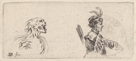 Bust of a screaming emaciated man and bust of a man with beret with plume, Stefano della Bella, 1620 - 1657 Canvas Print