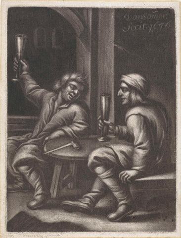 Two drinking men at a table, Jan van Somer, 1676 Canvas Print