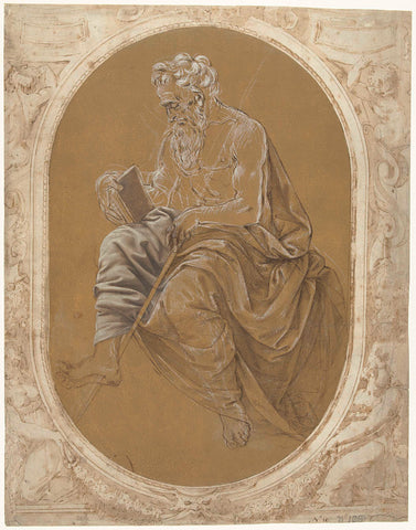 Studie voor een lezende apostel of evangelist, geplakt in een omlijsting met putti met cartouches en vrouwengestalten met festoenen, Lorenzo di Credi, c. 1520 - c. 1563 Canvas Print