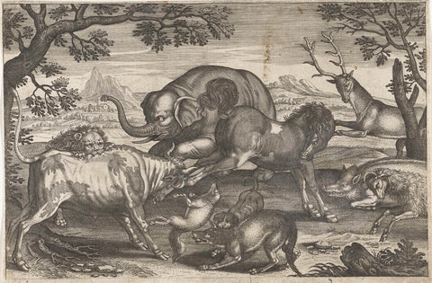 Fighting animals, Adriaen Collaert, 1595 - 1652 Canvas Print