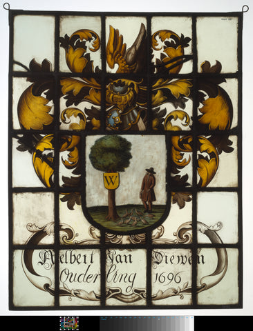 Diamond with coat of arms in which man feeding geese by a tree. Caption 