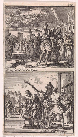 Jesus ben Ananias laments the fate of Jerusalem / Jesus ben Ananias flogged by the Romans, Jan Luyken, 1698 Canvas Print