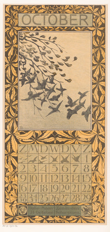 Calendar sheet October with leaves and birds, Theo van Hoytema, 1903 Canvas Print