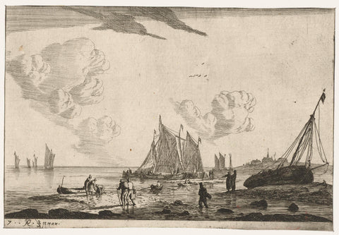 Beach with a sailing ship pulled on the sand, Reinier Nooms, 1654 - 1658 Canvas Print