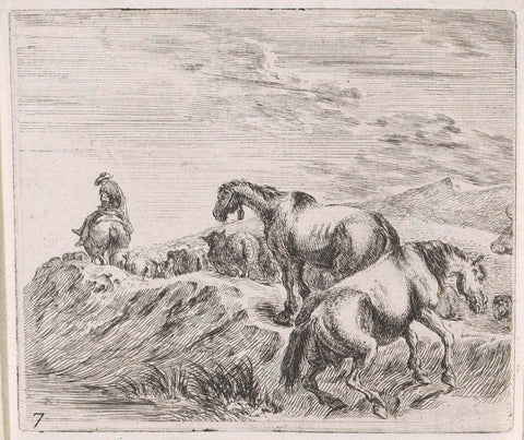 Two horses behind a group of sheep with shepherd climbing up a hill, Stefano della Bella, 1632 - 1664 Canvas Print