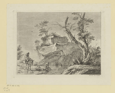 Title print with two figures near a rock in the water, Jean Jacques de Boissieu, 1763 Canvas Print